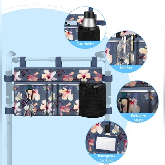 Large Floral Walker Tote Bag with Cup Holder Folding Walker Storage Basket Pouch - Picture 4 of 6